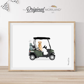 Dark Green Golf Cart with Golden Retriever Dog Print - Printable Art