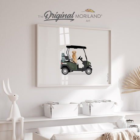 Dark Green Golf Cart with Golden Retriever Dog Print - Printable Art