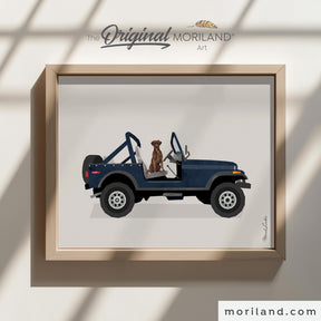 Navy Open SUV with Brown Labrador Dog Print - Cute printable art for nursery, kids room, or dorm featuring a navy SUV and an adorable brown Labrador dog.