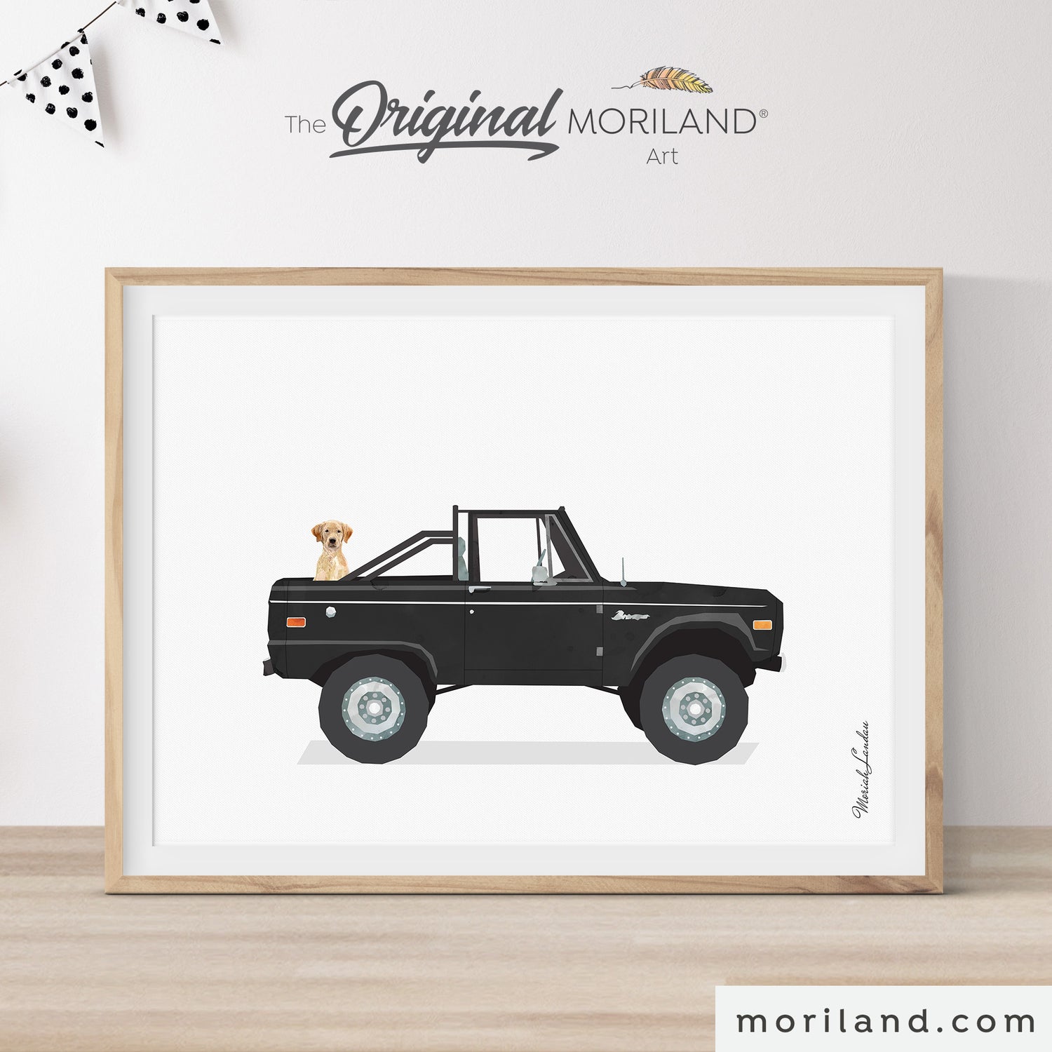Black classic pickup truck with Labrador dog – printable wall art poster for boy nursery, baby boy room, and dog lovers – perfect graduation gift or gift idea for grandson. By MORILAND