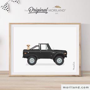 Black classic pickup truck with Labrador dog – printable wall art poster for boy nursery, baby boy room, and dog lovers – perfect graduation gift or gift idea for grandson. By MORILAND