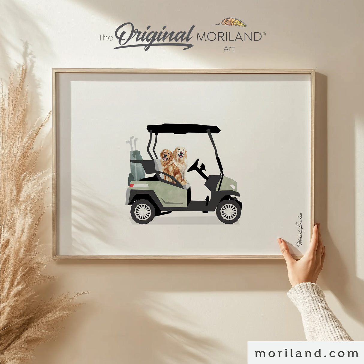 Golden Retrievers in Golf Cart Wall Art | Sage Green Digital Print | Preppy Dog Mom Gift & Nursery Decor