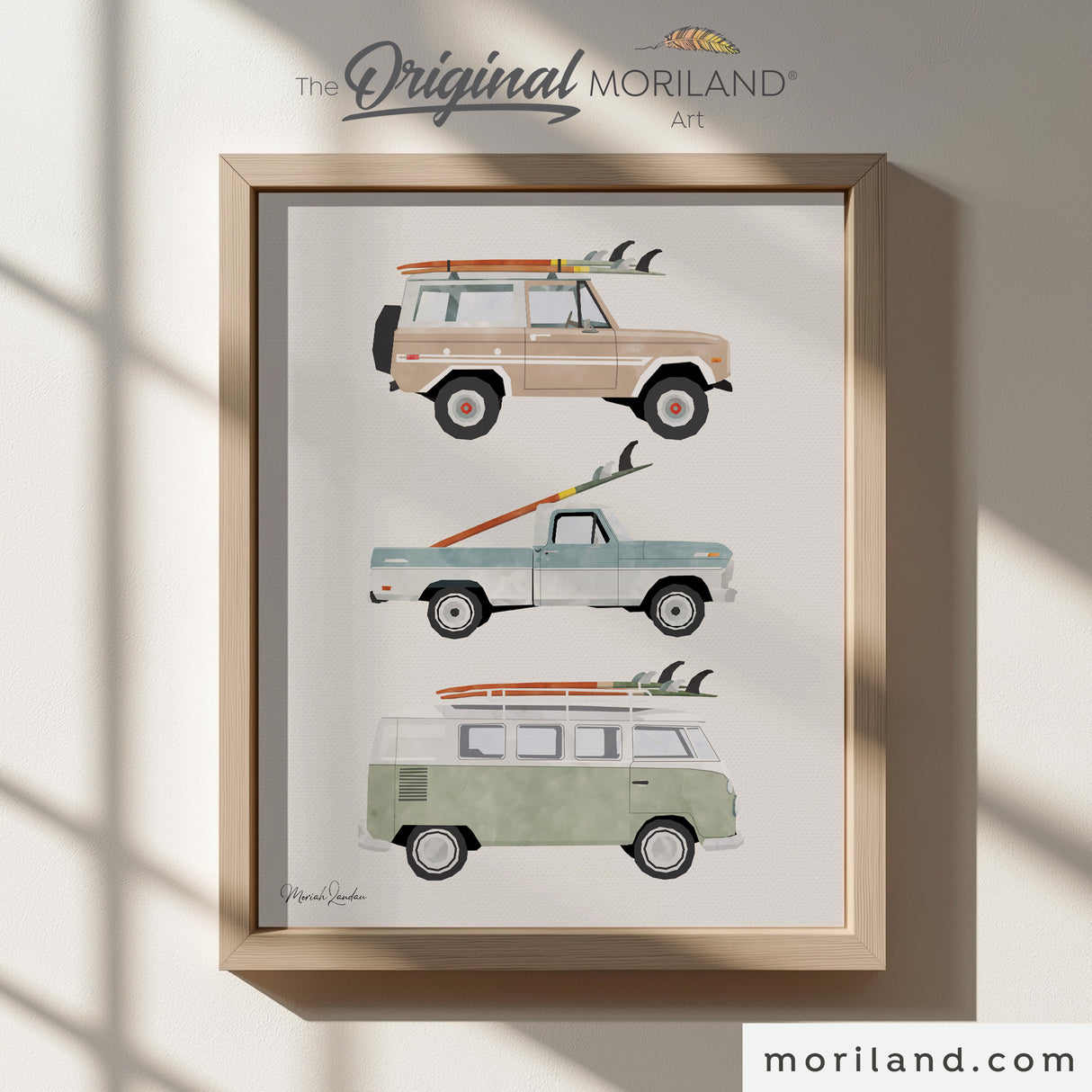 Set of 4 surf car digital prints, vintage woodie wagon with surfboard, coastal nursery wall art, blue and sand tones.