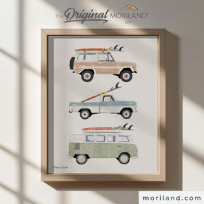 Set of 4 surf car digital prints, vintage woodie wagon with surfboard, coastal nursery wall art, blue and sand tones.