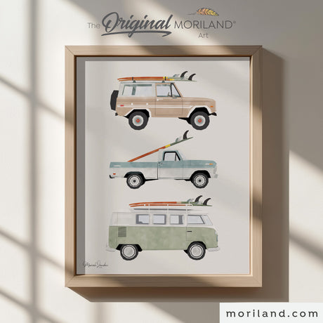 Set of 4 surf car digital prints, vintage woodie wagon with surfboard, coastal nursery wall art, blue and sand tones.