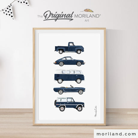 Navy Classic Cars Print - Vintage Car Art for Kids, Nursery, and Boys & Girls Bedroom Décor | Instant Download