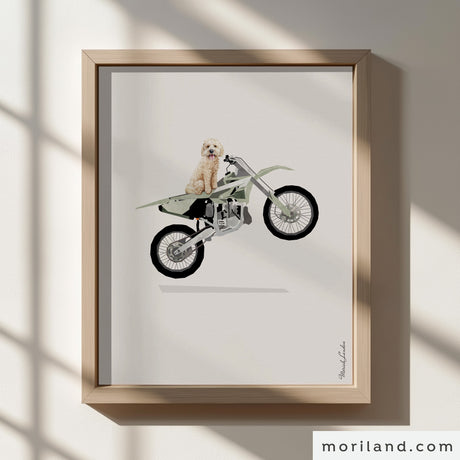Sage Green Wheelie Dirt Bike with Goldendoodle Dog Print | Vertical - Printable Art for Kids Room