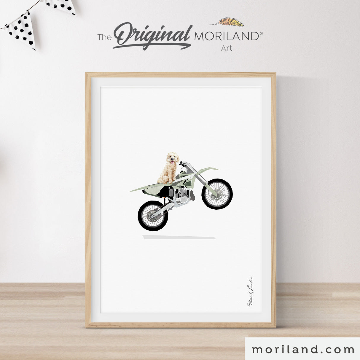 Sage Green Wheelie Dirt Bike with Goldendoodle Dog Print | Vertical - Printable Art for Kids Room