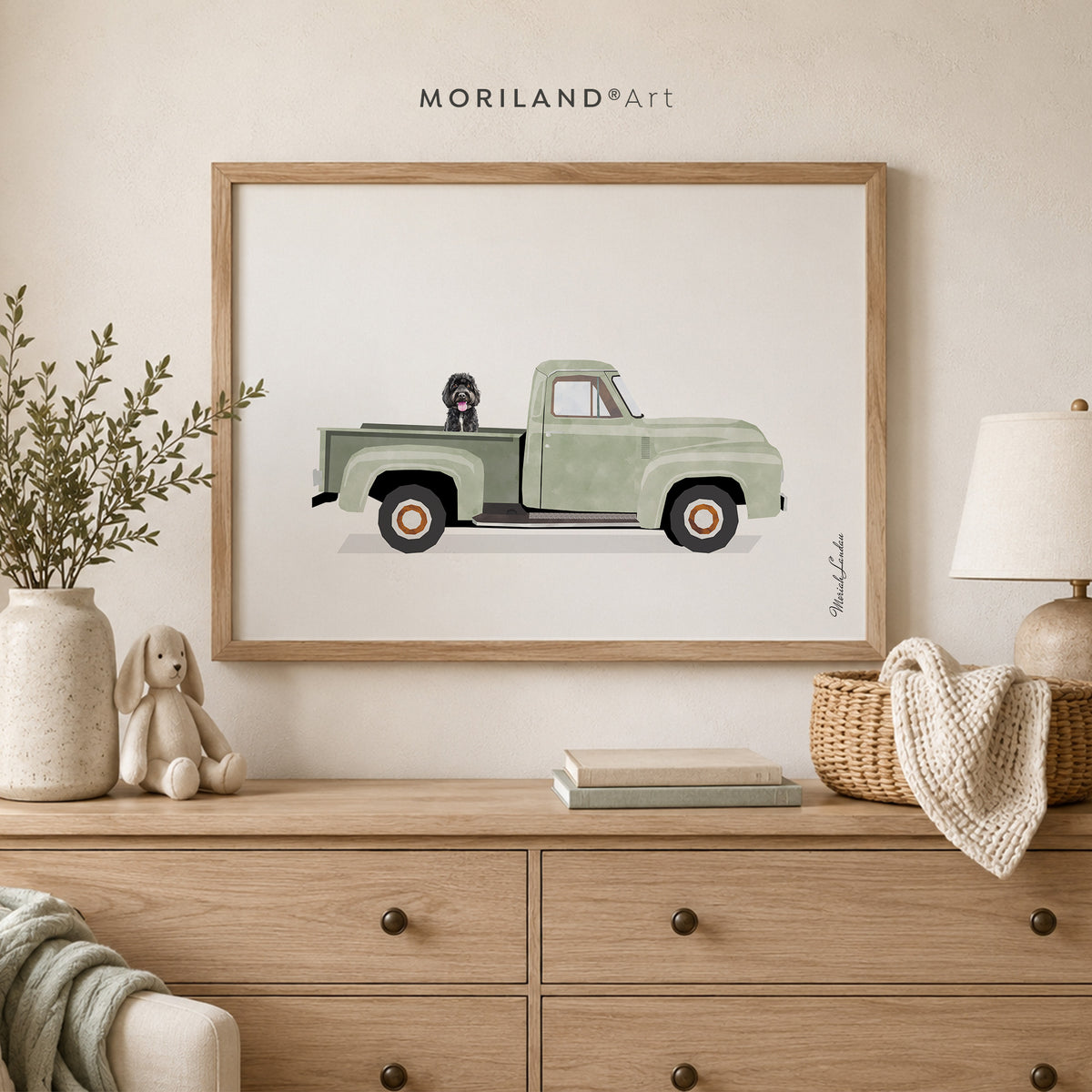 Labradoodle in Vintage Green Pickup Truck Wall Art Printable — unframed artwork detail by MORILAND