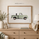 Labradoodle in Vintage Green Pickup Truck Wall Art Printable — unframed artwork detail by MORILAND