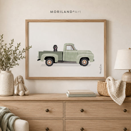 Labradoodle in Vintage Green Pickup Truck Wall Art Printable — unframed artwork detail by MORILAND