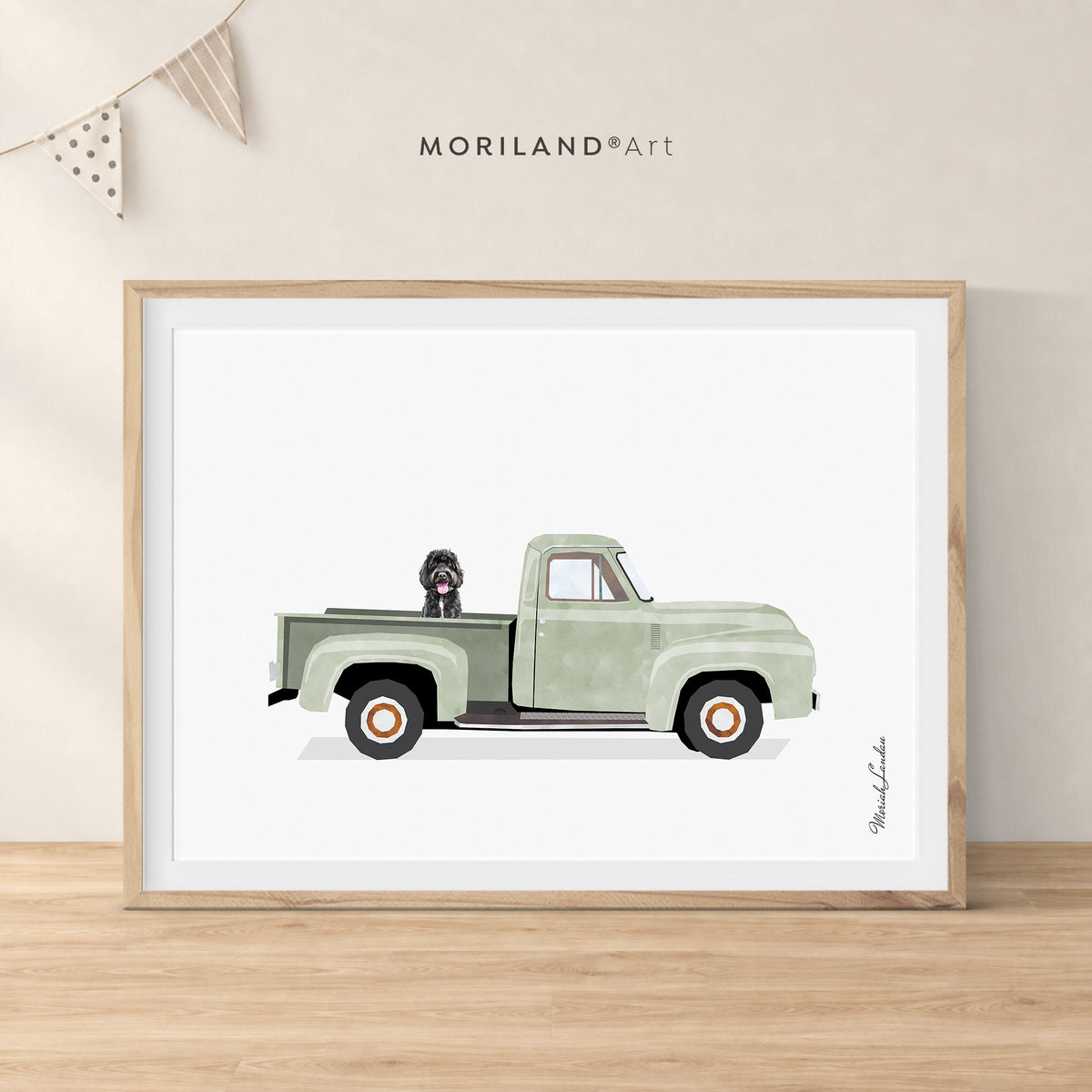 Labradoodle in a vintage green pickup truck, printable dog truck wall art by MORILAND