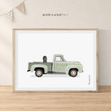 Labradoodle in a vintage green pickup truck, printable dog truck wall art by MORILAND