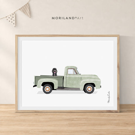 Labradoodle in a vintage green pickup truck, printable dog truck wall art by MORILAND