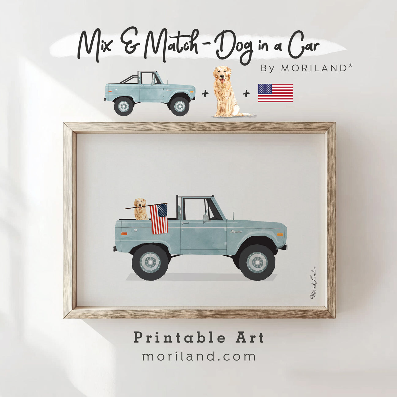 Custom printable art featuring a dog sitting in a car, personalized with your choice of dog breed and vehicle – digital wall decor download