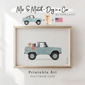 Custom printable art featuring a dog sitting in a car, personalized with your choice of dog breed and vehicle – digital wall decor download