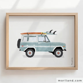 Pale Blue Classic Bronco SUV with Surfboards Print - Printable Art for Boys' Room & Beach Décor