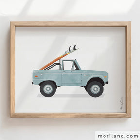 Pale Blue Classic Ford Bronco Truck with Surfboards Print - Printable Art for Kids Room & Beach Décor