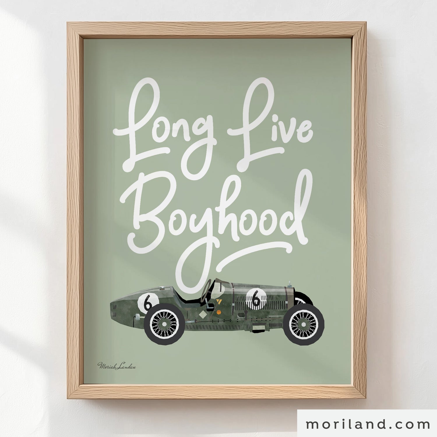 Long Live Boyhood quote print, vintage race car decor for kids room