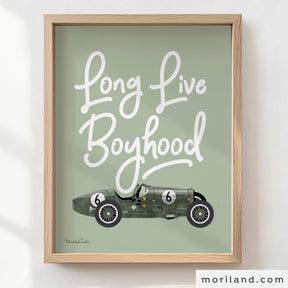 Long Live Boyhood quote print, vintage race car decor for kids room