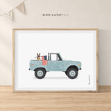 German Shepherd in a patriotic 4x4 truck with an American flag, printable wall art by MORILAND