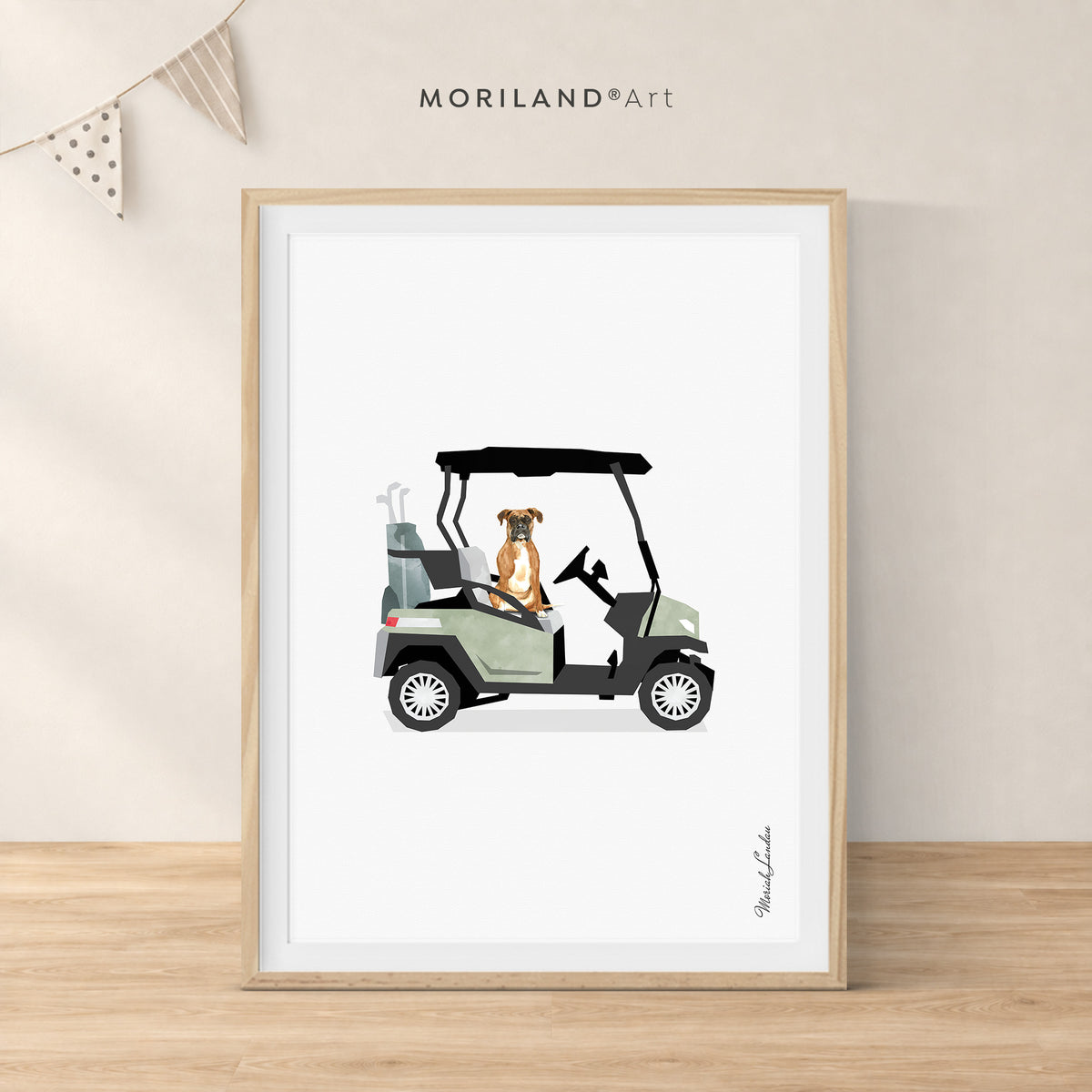 Boxer dog in a vintage golf cart, printable dog and golf wall art by MORILAND