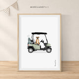 Boxer dog in a vintage golf cart, printable dog and golf wall art by MORILAND
