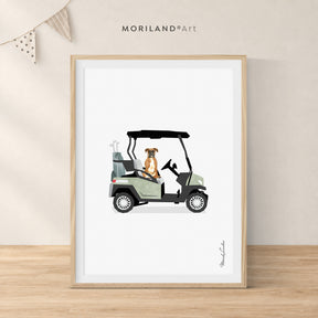 Boxer dog in a vintage golf cart, printable dog and golf wall art by MORILAND