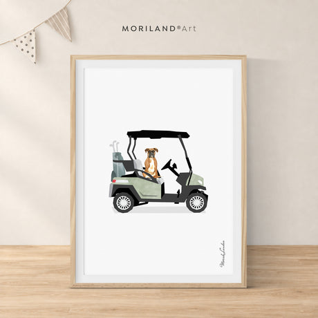 Boxer dog in a vintage golf cart, printable dog and golf wall art by MORILAND
