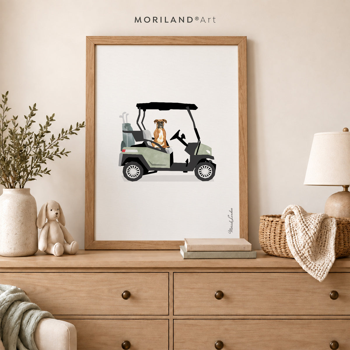 Boxer Dog in Vintage Golf Cart Wall Art Printable — unframed artwork detail by MORILAND