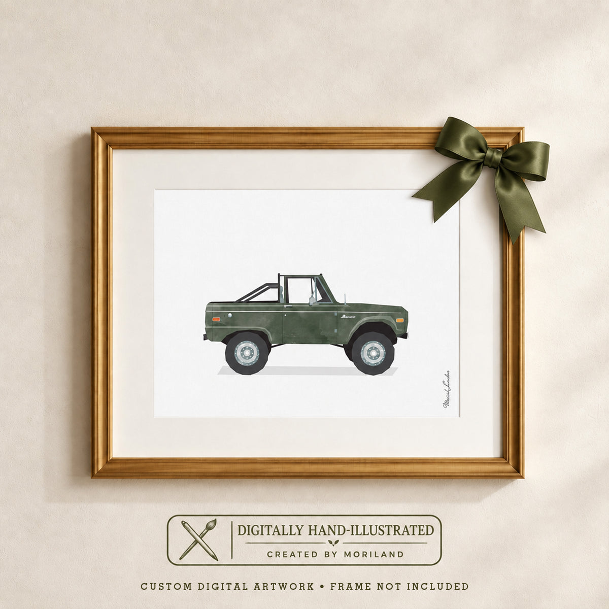 Custom digitally hand-illustrated portrait of a green vintage Ford Bronco, displayed in a gold frame with an olive gift bow, created from a customer’s car photo by MORILAND.