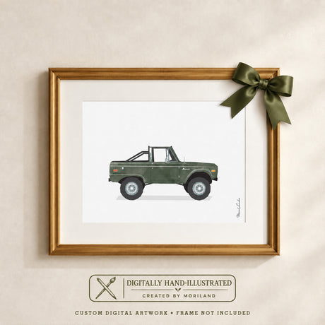 Custom digitally hand-illustrated portrait of a green vintage Ford Bronco, displayed in a gold frame with an olive gift bow, created from a customer’s car photo by MORILAND.