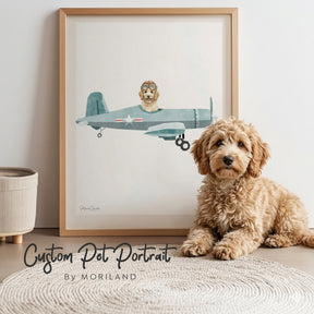Custom dog portrait created from a pet photo, featuring the dog riding in a classic vehicle in MORILAND’s modern heritage illustration style.