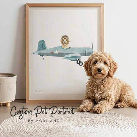Custom dog portrait created from a pet photo, featuring the dog riding in a classic vehicle in MORILAND’s modern heritage illustration style.