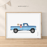 Yellow Labrador in a blue patriotic pickup truck with an American flag, printable wall art by MORILAND