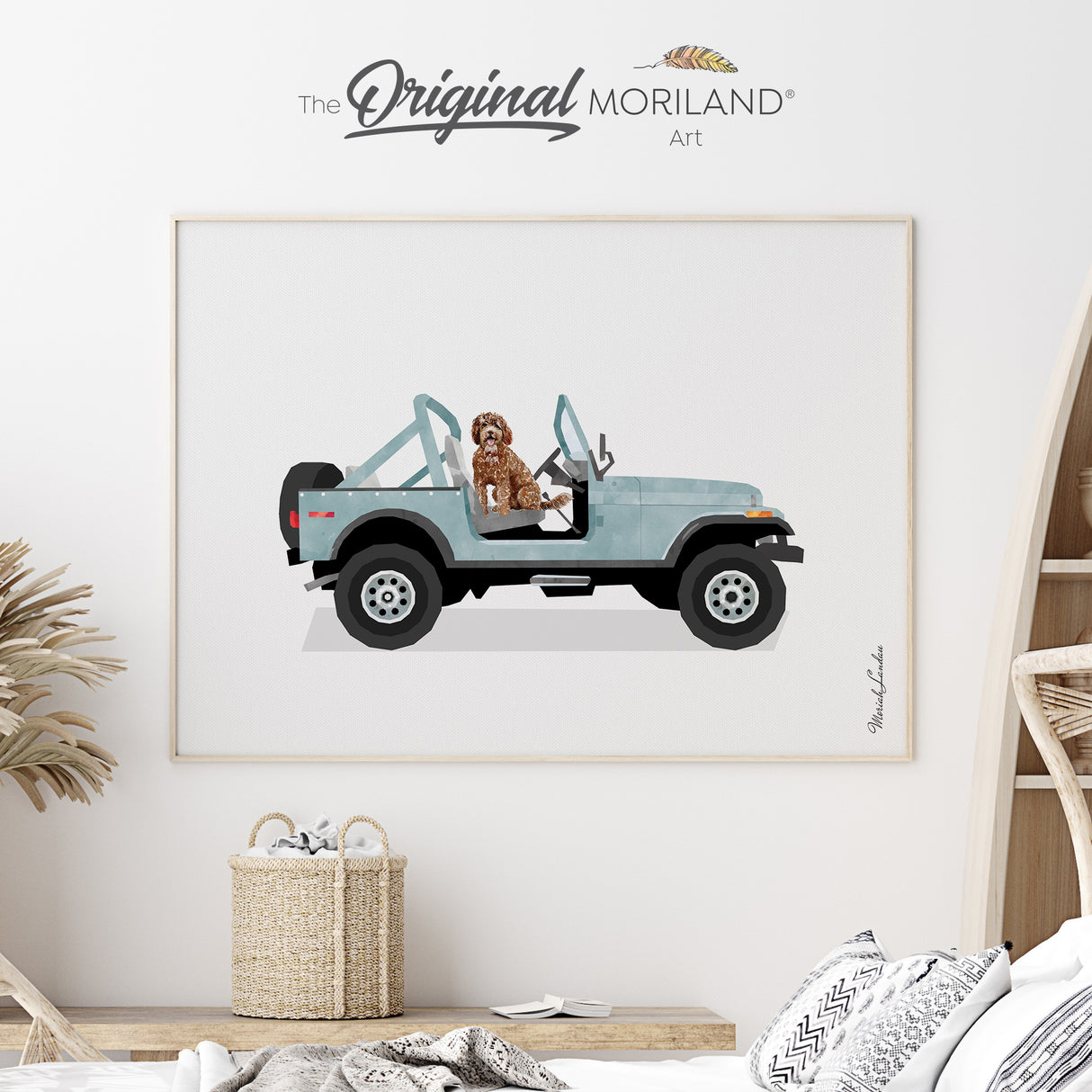 Pale Blue Classic Open SUV with Brown Goldendoodle Dog Fine Art Paper Print
