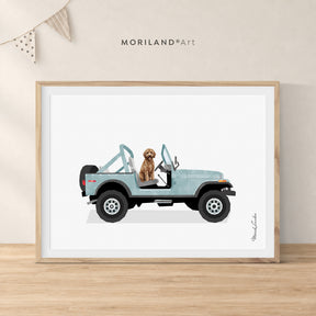 Goldendoodle in a vintage blue 4x4 truck, printable dog wall art by MORILAND