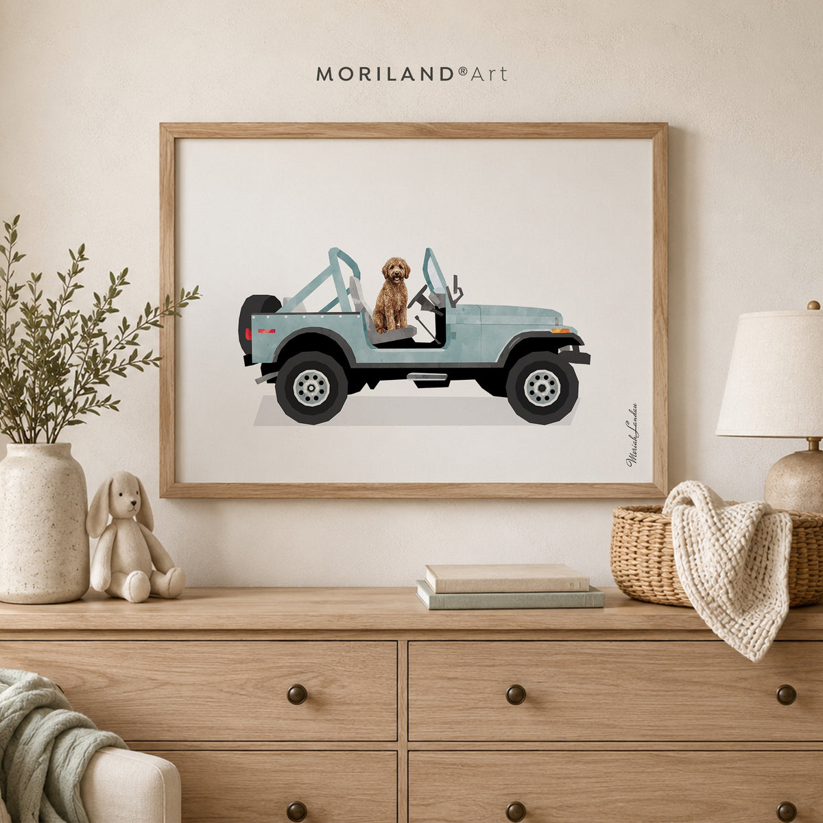 Goldendoodle in Blue 4x4 Truck Wall Art Printable — unframed artwork detail by MORILAND