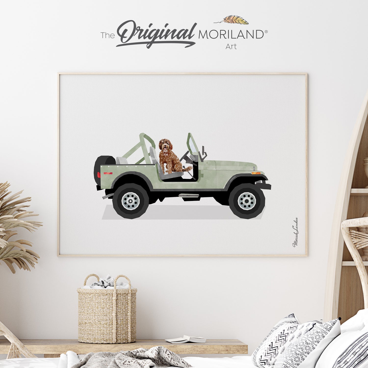 Sage Green Classic Open SUV with Brown Goldendoodle Dog Fine Art Paper Print CJ JEEP