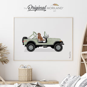 Sage Green Classic Open SUV with Brown Goldendoodle Dog Fine Art Paper Print CJ JEEP