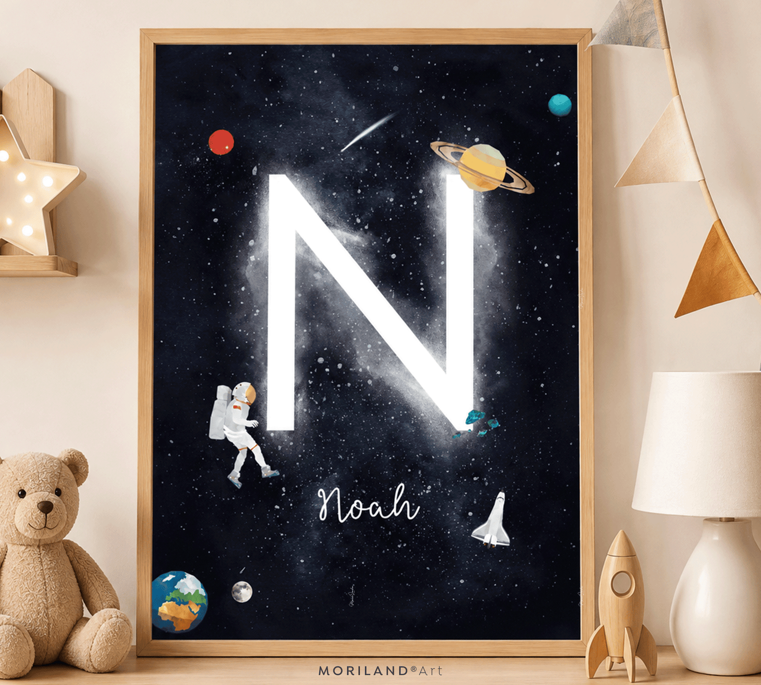 Personalized space initial letter N with Noah name, astronaut and planets printable nursery wall art