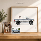 Custom dog and classic Chevy truck portrait in a wood frame with dog and vehicle reference photos, personalized pet and car art by MORILAND.