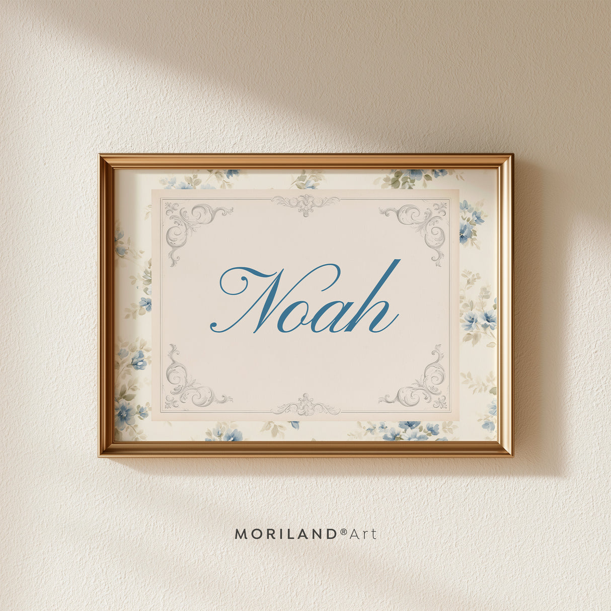 Personalized vintage name wall art with blue floral design and custom name Noah in gold frame