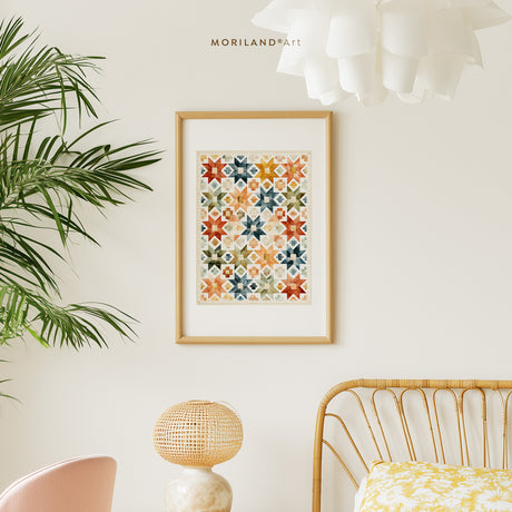 Watercolor Patchwork Star Quilt Printable Wall Art in a cozy bedroom with rattan bed and warm cottage decor