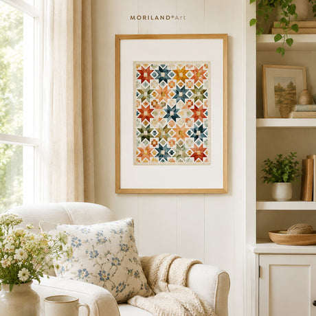 Watercolor Patchwork Star Quilt Printable Wall Art in a cozy bedroom with rattan bed and warm cottage decor