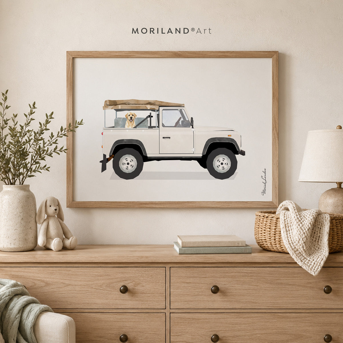 Yellow Labrador in White 4x4 Truck Wall Art Printable — unframed artwork detail by MORILAND