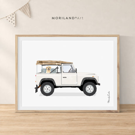 Yellow Labrador in a white 4x4 truck, printable dog remembrance wall art by MORILAND