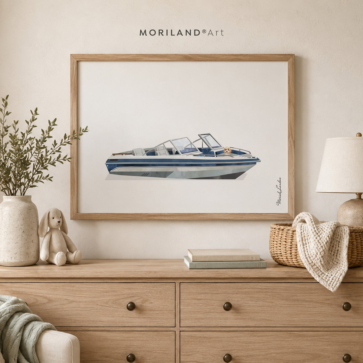 Cavapoo in Blue Speedboat Wall Art Printable — unframed artwork detail by MORILAND