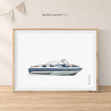 Cavapoo in a vintage blue speedboat, printable coastal dog wall art by MORILAND