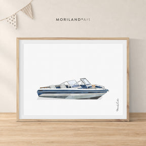 Cavapoo in a vintage blue speedboat, printable coastal dog wall art by MORILAND